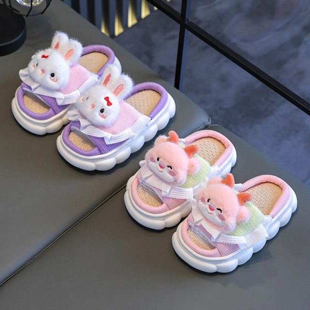 Cute rabbit dragon pattern children linen kids flip flops (2) Cute rabbit dragon pattern children linen kids flip flops (2)
